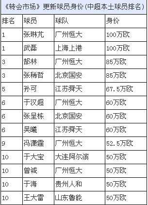 中超有五家俱乐部的总身价低于500万欧元